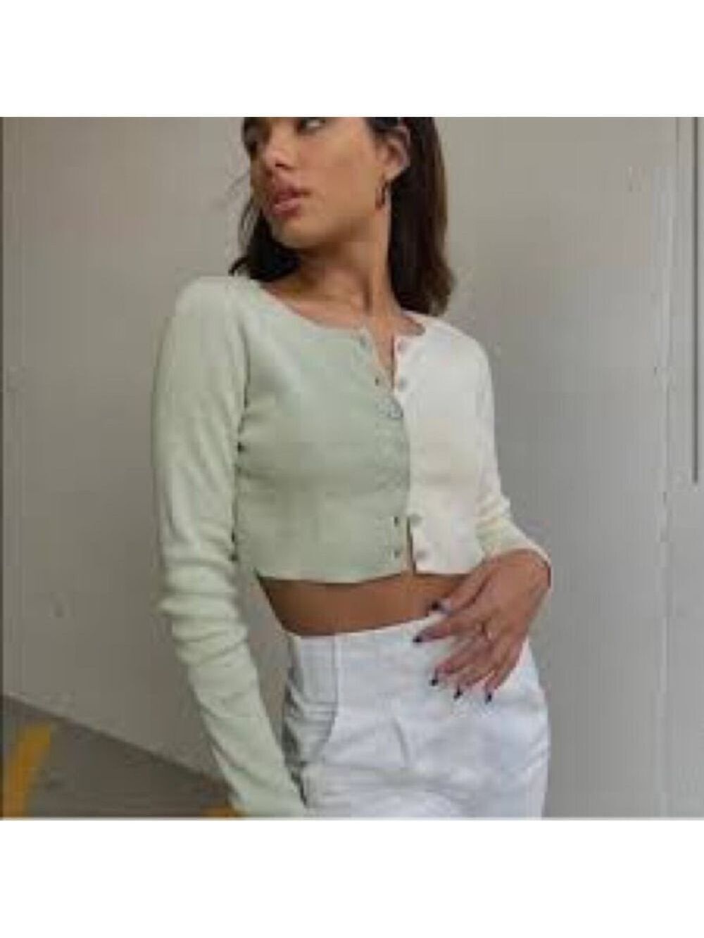 Princess Polly Two-Tone Cropped Cardigan - Sage Green & Cream Sz 4